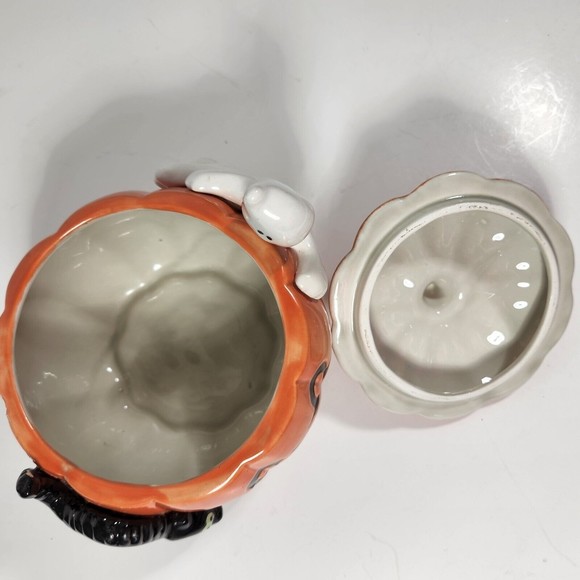 Vintage Halloween Candy Jar Fitz & Floyd 1987 Pumpkin Ghost Black Cat 7 inch - Picture 5 of 9